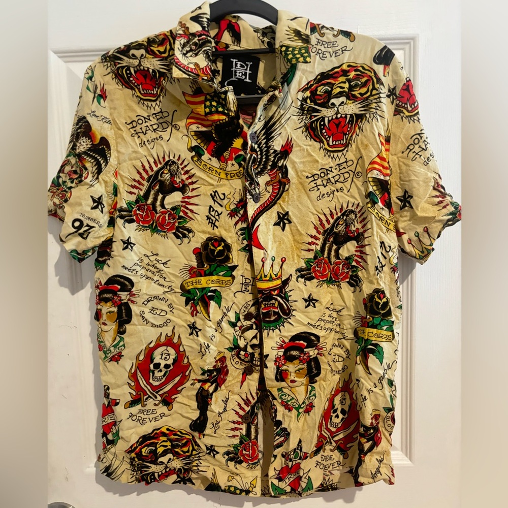 Ed hardy tan yellow button up shirt with Ed hardy designs on every inch